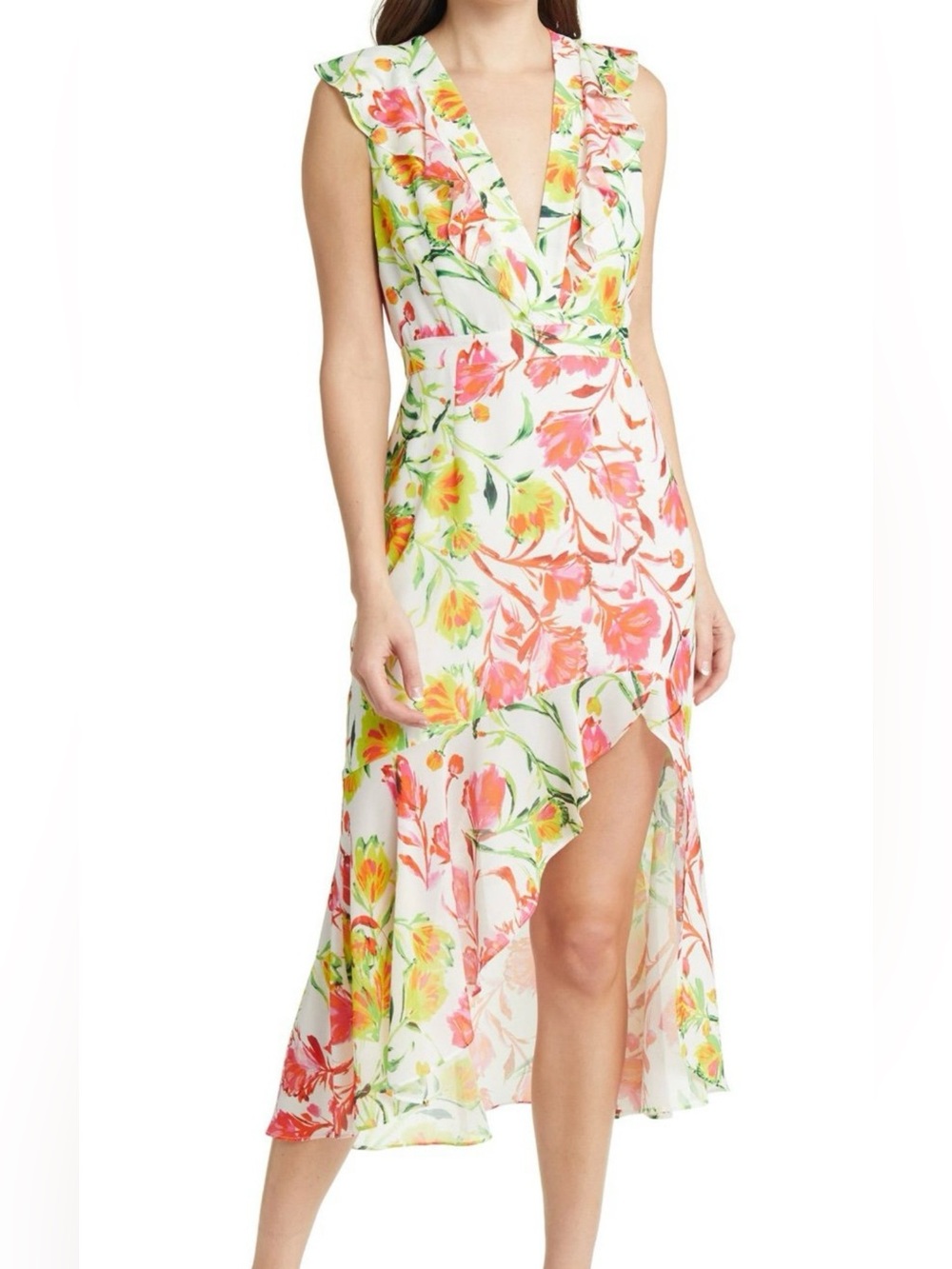 Milly Nanci Neon Floral  Print Ruffled V-Neck Sleeveless Dress Sz 2